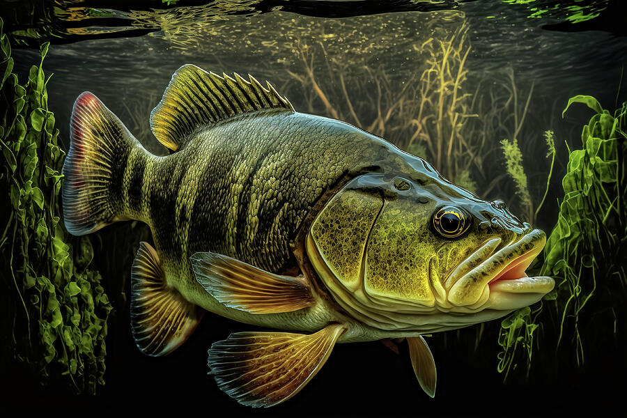Closeup of a Large Mouth Bass Underwater Digital Art by Jim Vallee