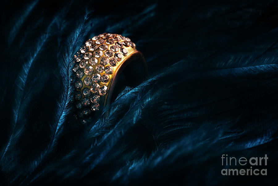 Closeup of luxury wedding ring in dark blue feather background.  Photograph by Jelena Jovanovic