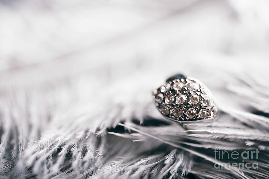 Closeup of luxury wedding ring in white feather background.  Photograph by Jelena Jovanovic