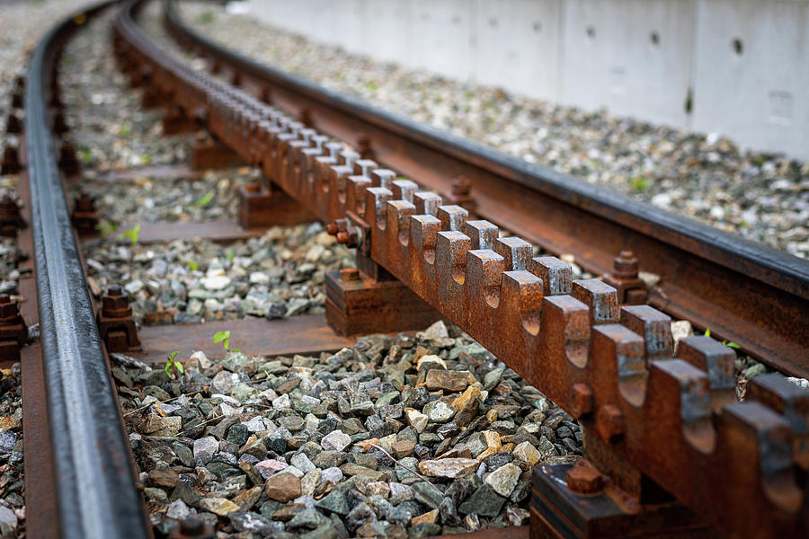 Closeup Of Rusty Train Tracks Of Rack Railway Photograph