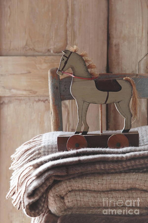 Closeup of toy horse with wool blankets on chair Photograph by Sandra Cunningham