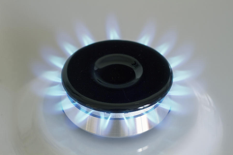 Closeup on a lightened gas burner. Photograph by Jacques LOIC
