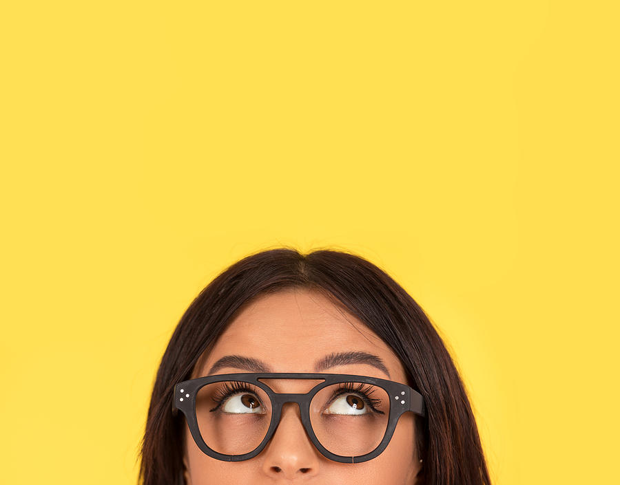 Closeup Portrait Headshot Cute Happy Woman In Glasses Looking Up Photograph by HbrH
