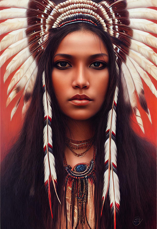 Closeup  Portrait  Of  Beautiful  Native  American  Wom  Ff16756d  D16d  4162  4664  468878d7d614 Painting by MotionAge Designs