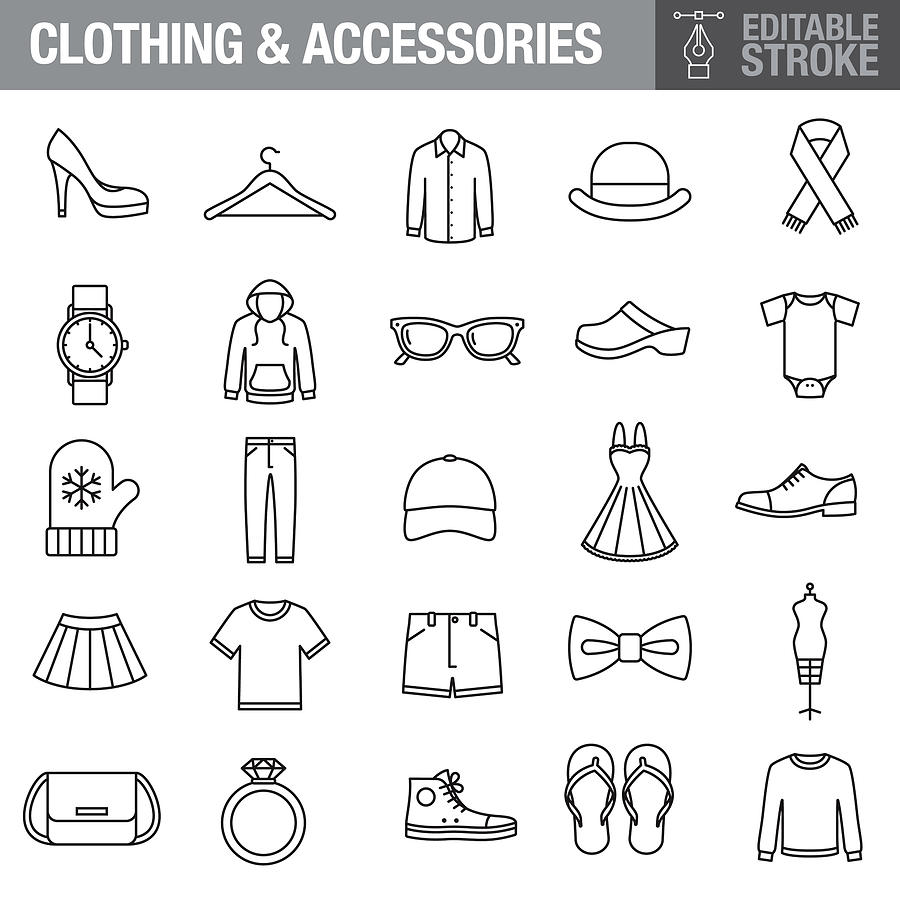 Clothing and Accessories Editable Stroke Icon Set Drawing by Bortonia