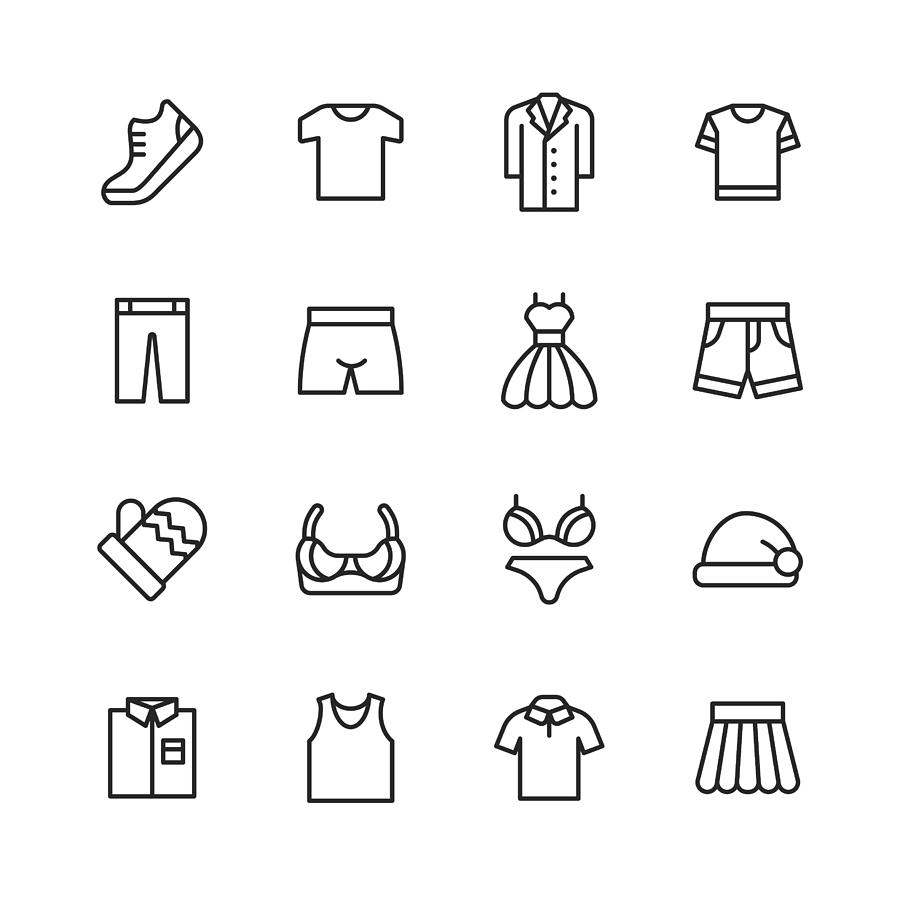 Clothing and Fashion Line Icons. Editable Stroke. Pixel Perfect. For Mobile and Web. Contains such icons as Clothes, Fashion, Jacket, T-Shirt, Coat, Shoe, Underwear, Bra, Skirt, Shirt, Dress. Drawing by Rambo182