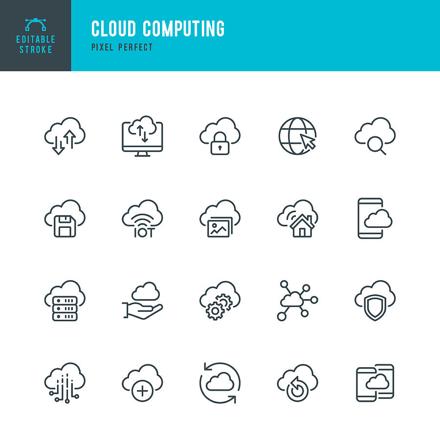 Cloud Computing - thin line vector icon set. Pixel perfect. Editable stroke. The set contains icons: Cloud Computing, Data Analyzing, Data Center, Internet of Things. Drawing by Fonikum