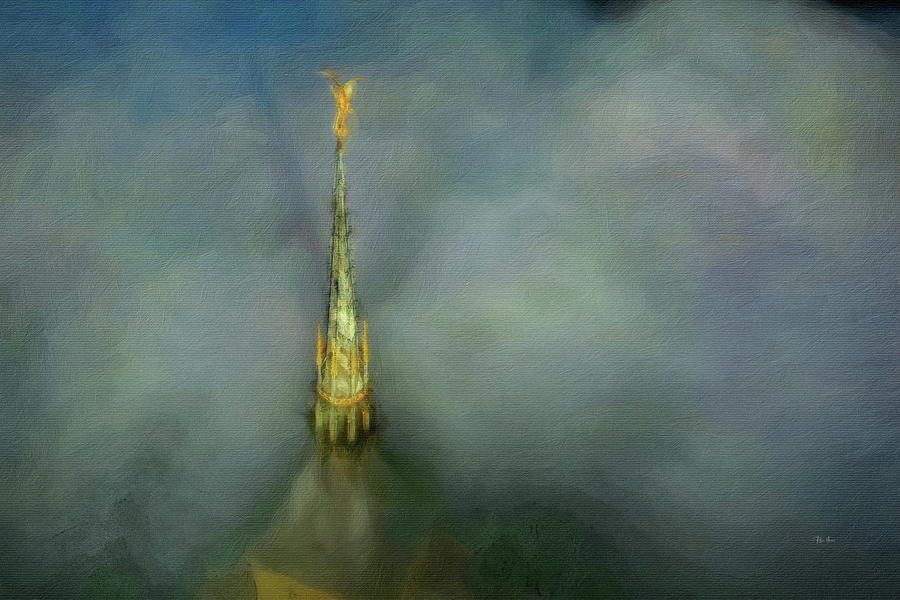 Cloud Covered Mont Saint-Michels Spire Digital Art by Russ Harris