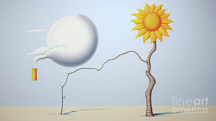 Cloud provides water, nourishing the sunflower. Digital Art by Odon Czintos