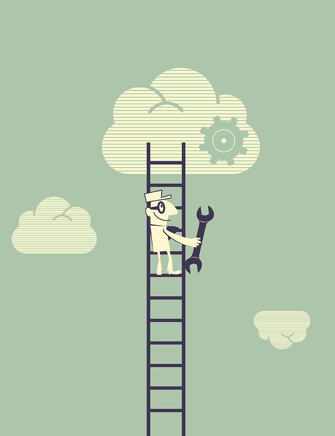 Cloud technology concept, technician with spanner moving up the ladder Drawing by Alashi