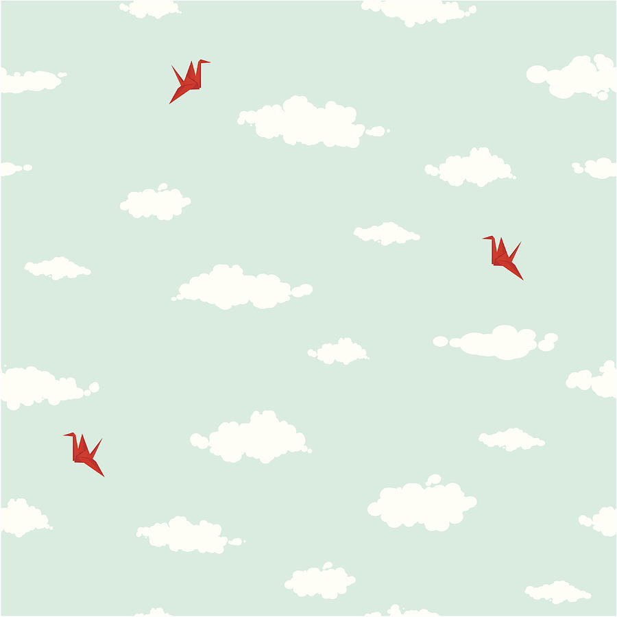 Clouds and origami cranes seamless pattern Drawing by Kimikodate