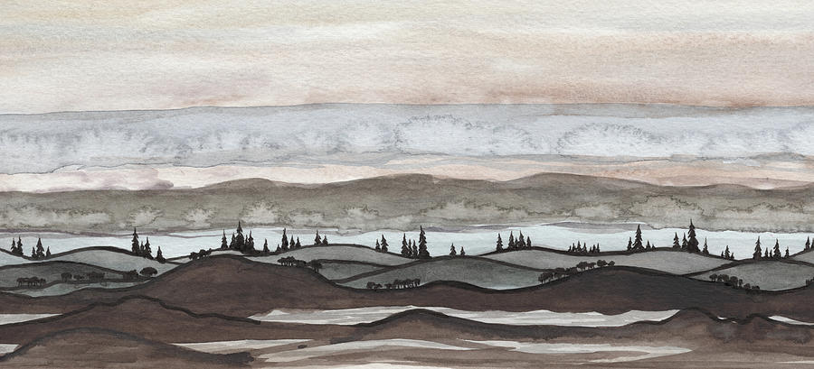 Clouds On The Horizon Watercolor Elongated Vintage Style Landscape With Hills River And Trees I Painting by Irina Sztukowski