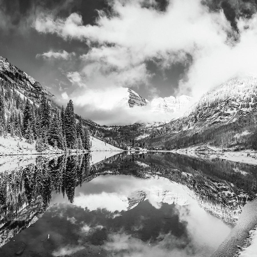 Clouds Surrounding Maroon Bells - Black and White 1x1 Photograph by Gregory Ballos