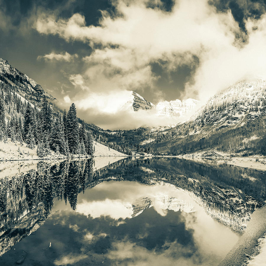 Clouds Surrounding Maroon Bells - Sepia 1x1 Photograph by Gregory Ballos