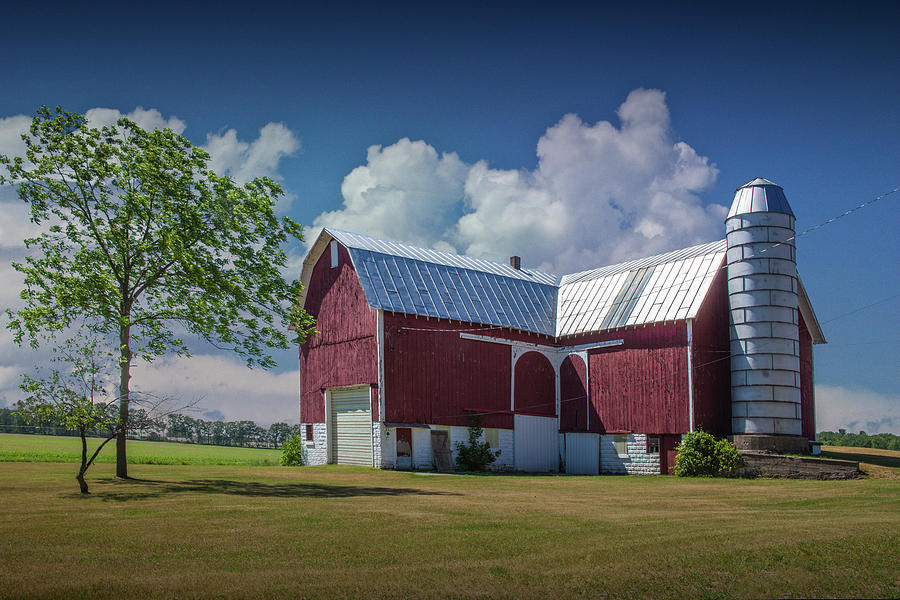 Cloudy Blue Sky with Red Barn in West Michigan Photograph by Randall Nyhof