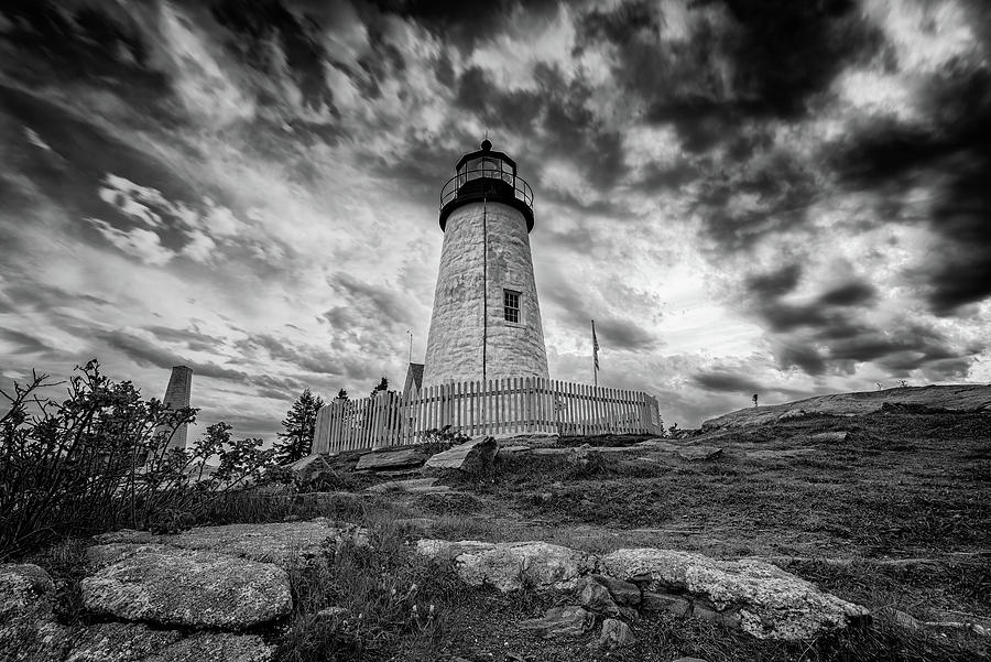 Sunset Photograph - Cloudy Skies at Pemaquid Point Black and White by Rick Berk