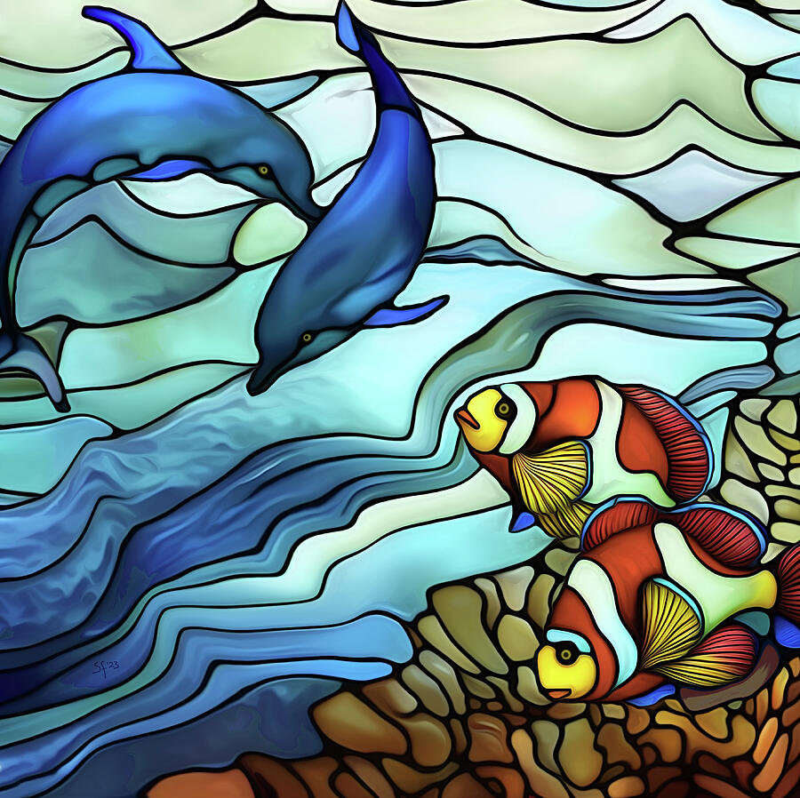 Clown Fish and Dolphins Stained Glass Ocean Scene  Mixed Media by Shelli Fitzpatrick