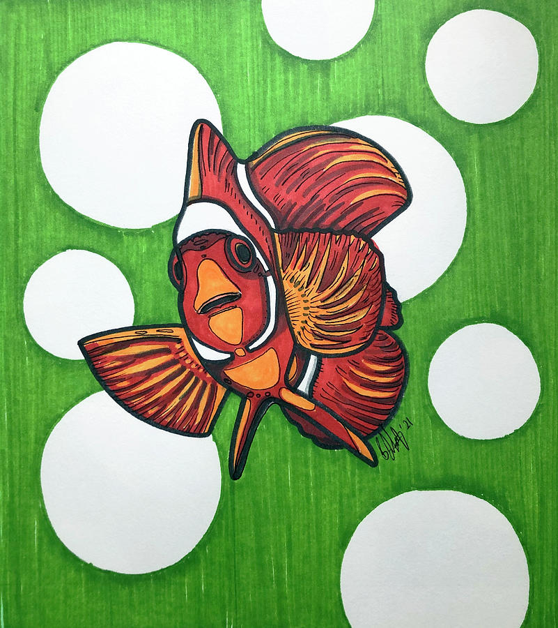 Clownfish on Green Drawing by Creative Spirit