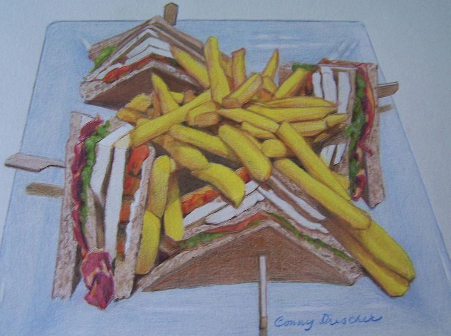 Club Sandwich with Fries Mixed Media by Constance DRESCHER