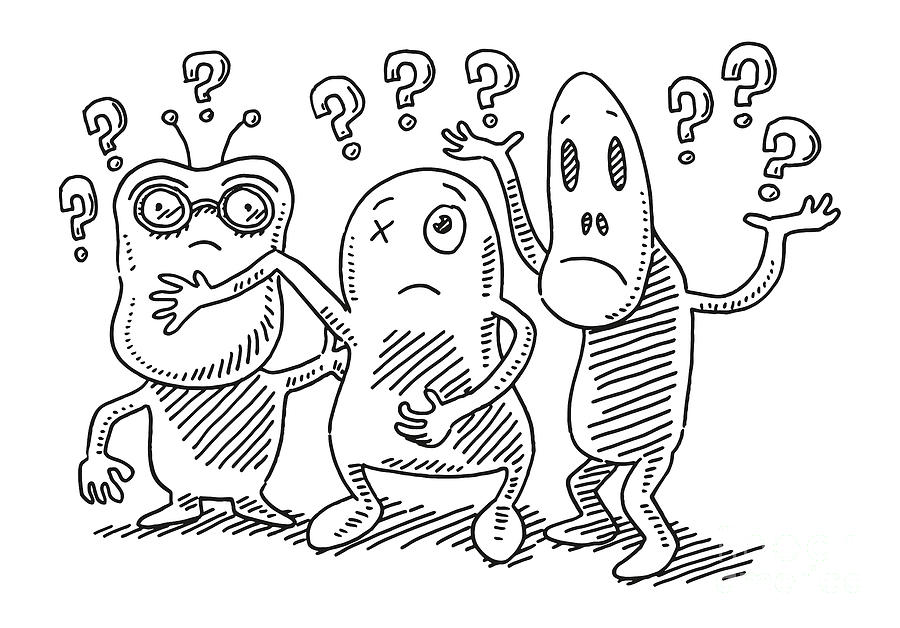 Black And White Drawing - Clueless Weird Creatures Question Mark Signs Drawing by Frank Ramspott