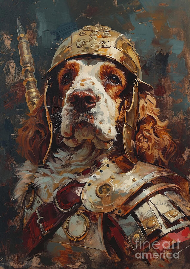 Dog Painting - Clumber Spaniel - dressed as a Roman heavy infantrys companion, steadfast and strong by Adrien Efren