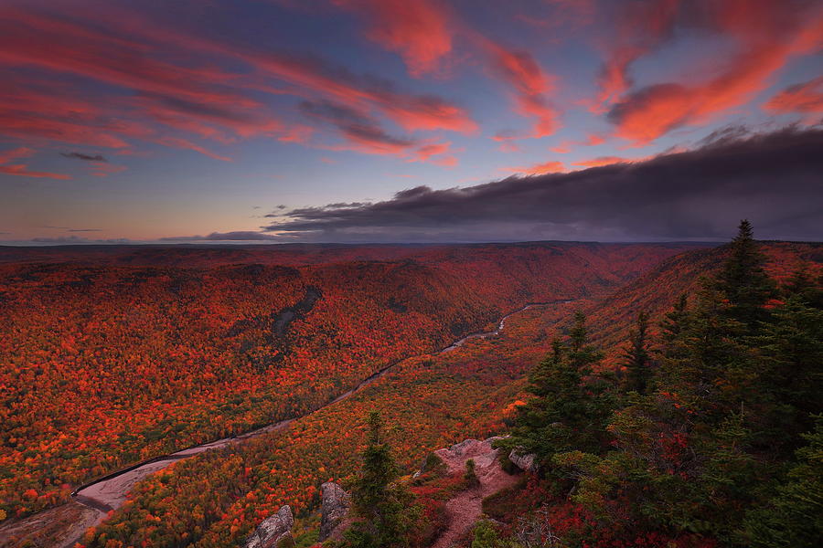 Clyburn Brook Canyon sunset during autumn at Cape Breton Highlands National Park Photograph by Jetson Nguyen