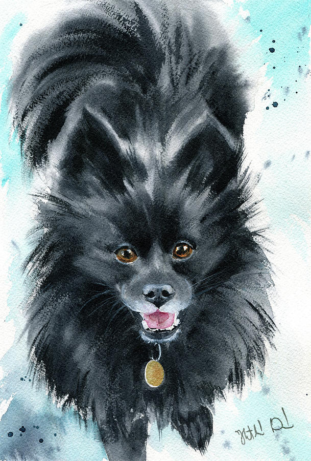 Clyde Black Pomeranian Dog Painting Painting by Dora Hathazi Mendes