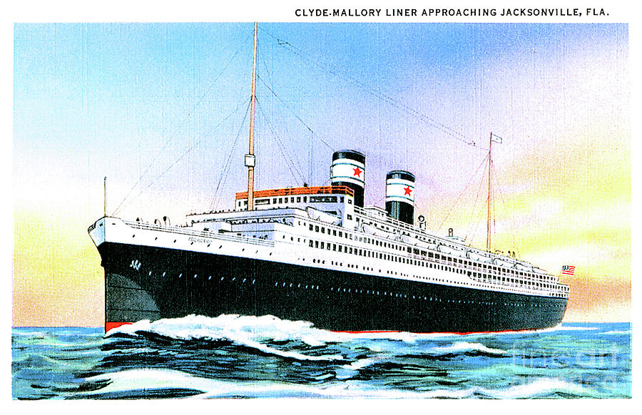 Clyde Mallory Liner Approaching Jacksonville Florida Travel Postcard Painting