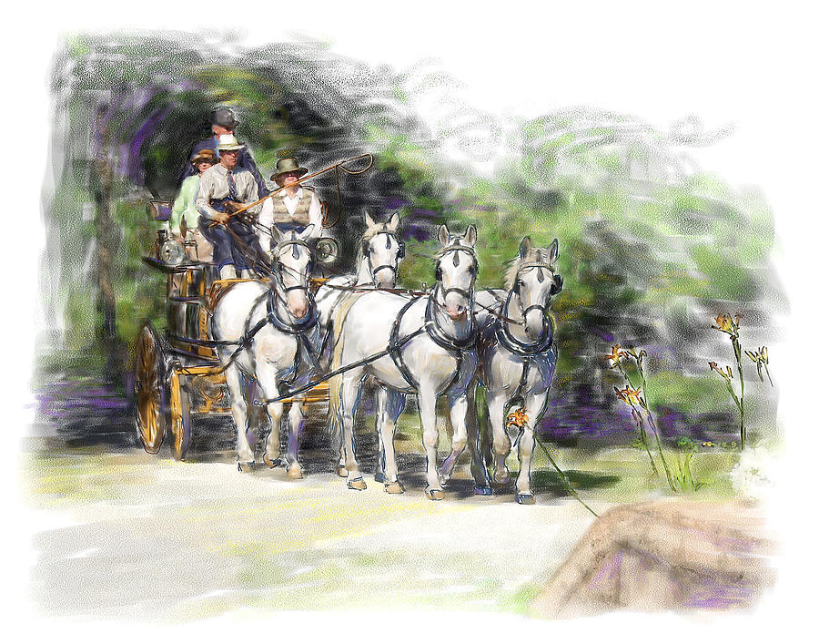 Horse Painting - Coaching In Acadia- Carriage Driving Four In Hand by Connie Moses Horse Painting - Coaching In Acadia- Carriage Driving Four In Hand by Connie Moses