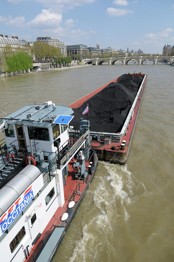 Coal barge and tug boat on the Seine River, Paris,Ile-de-France, France Photograph by Kevin Oke