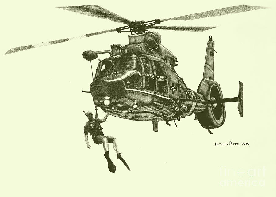 Coast Guard MH65 and Rescue Swimmer Drawing by Arturo Perez Fine Art