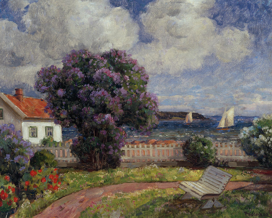 Coast landscape with blossoming lilac bush  Painting by O Vaering by Thorolf Holmboe