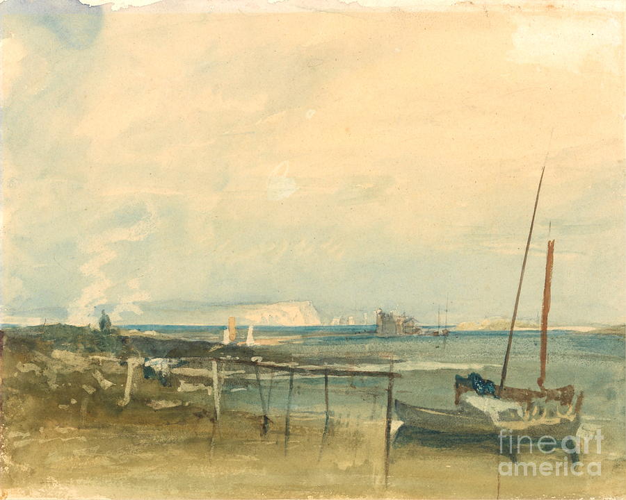 Coast Scene with White Cliffs and Boats on Shore Painting by William Turner