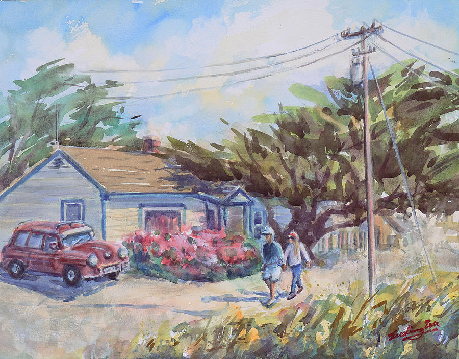Coastal Bungalow and Vintage Volkswagen with Cypress Tree Painting by Xueling Zou