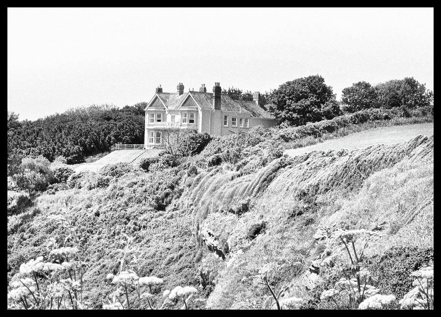 Coastal Cliff Top House Greyscale Scene near Portloe Veryan in Cornwall
