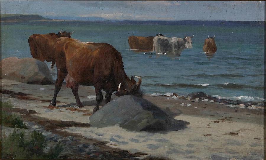 Cow Painting -  Coastal landscape with cows Dansk  Kystparti med koer  by Adolf Mackeprang