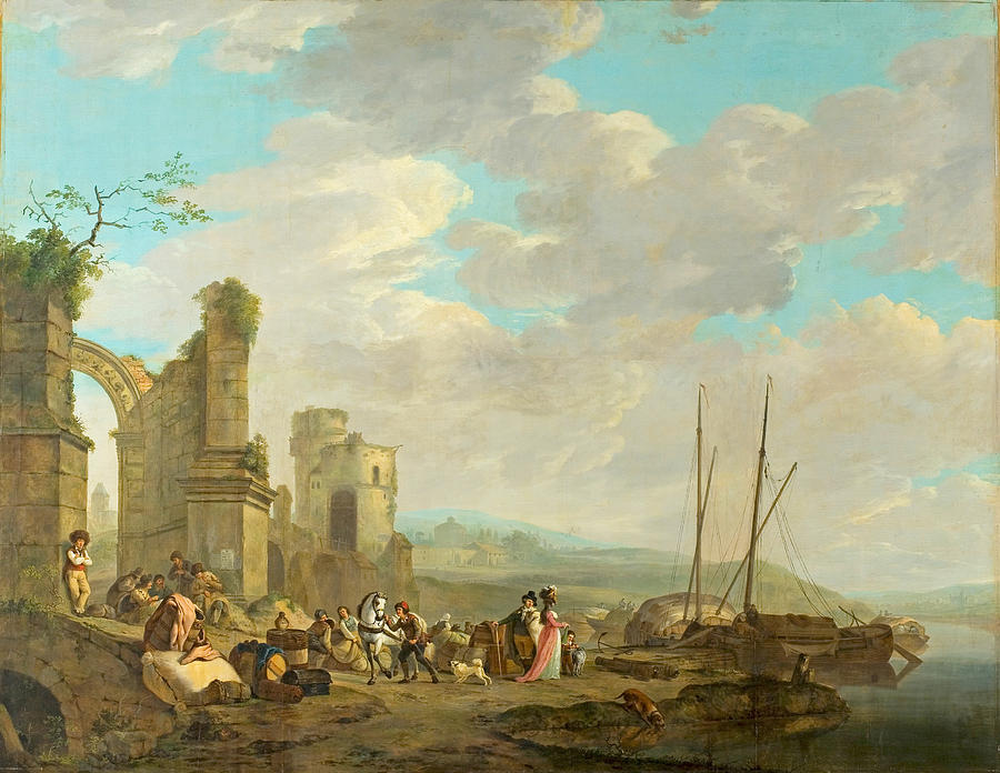 Coastal landscape with figures near a ruin Painting by Jacob van Strij