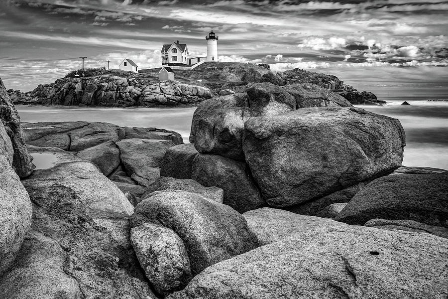 Coastal Rocks And Nubble Light On Cape Neddick Maine - Black and White Edition Photograph by Gregory Ballos