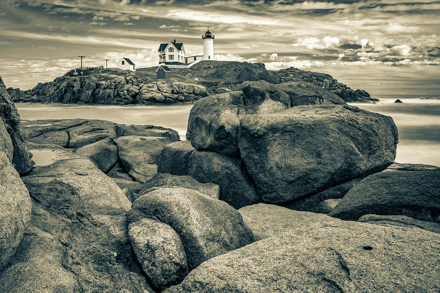 Coastal Rocks And Nubble Light On Cape Neddick Maine - Sepia Edition Photograph by Gregory Ballos