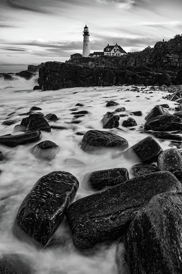 Coastal Rocks and The Portland Head Light - Black and White Photograph ...