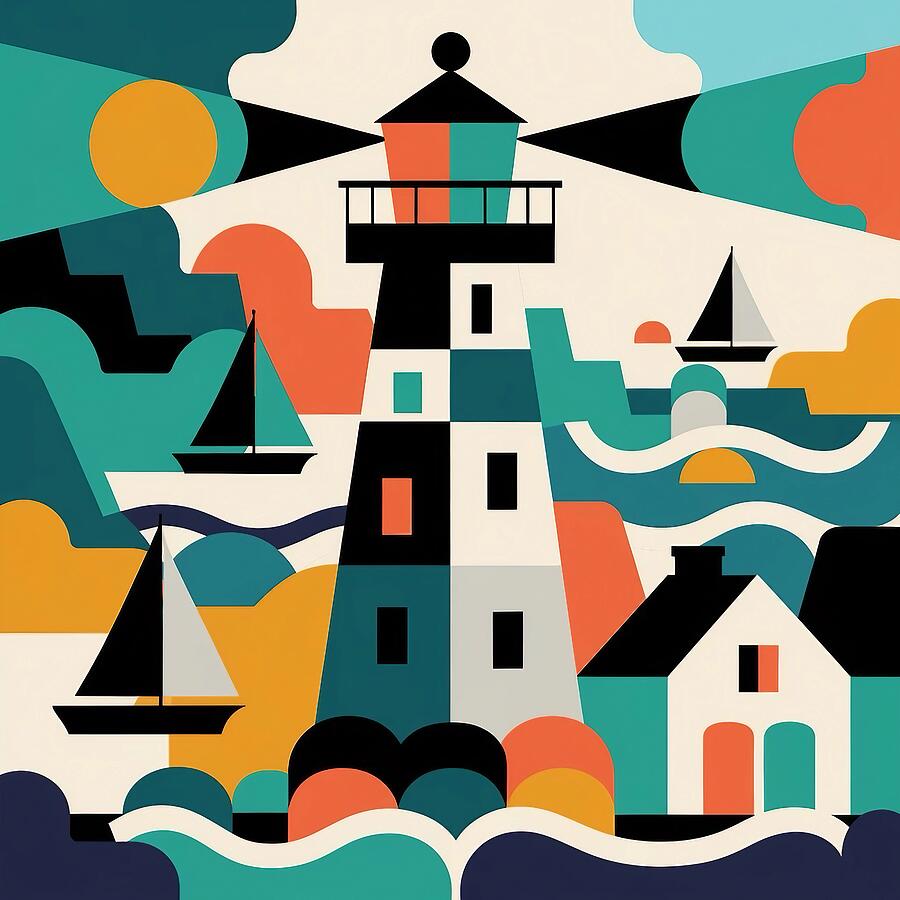 Folk Art Coastal Scene with Lighthouse #3 Digital Art by Stephanie Fischer Folk Art Coastal Scene with Lighthouse #3 Digital Art by Stephanie Fischer