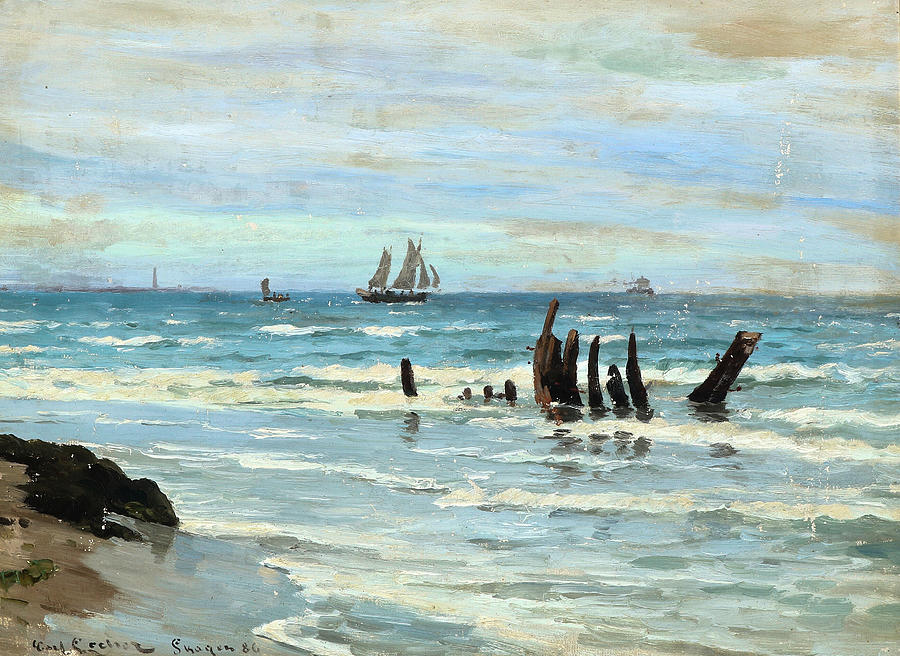 Coastal scenery from Skagen Sonderstrand with shipwreck in the water ...