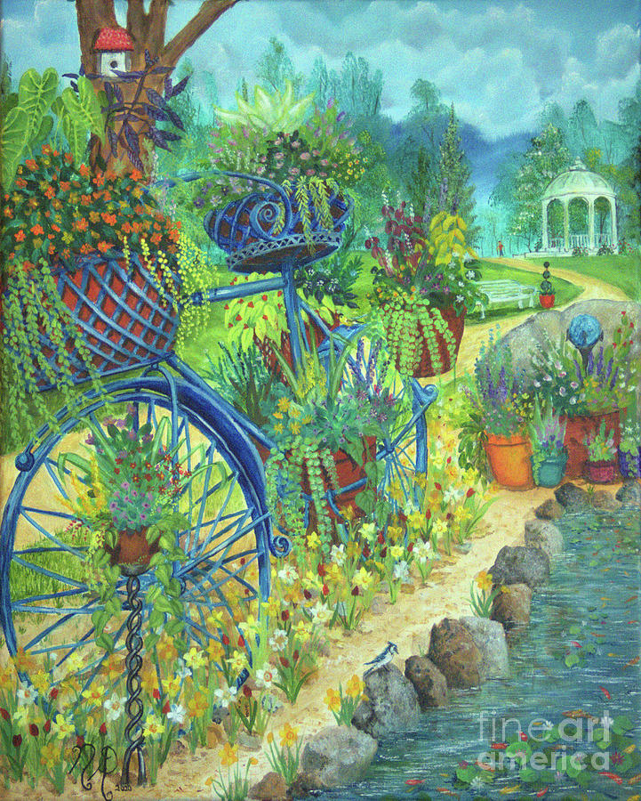 Cobalt Blue Garden Bicycle in the Mountains Painting by Nicole Angell