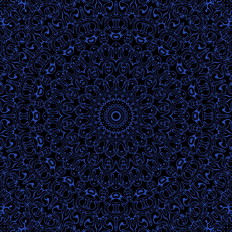 Cobalt Blue on Black Mandala Kaleidoscope Medallion Flower Digital Art by Mercury McCutcheon