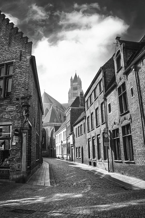 Cobblestone Streets of Bruges Belgium Black and White  Photograph by Carol Japp