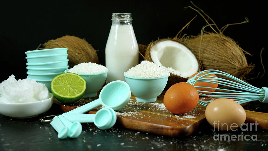 Nature Photograph - Coconut baking ingredients, coconut milk, flour, oil, and shredded coconut. by Milleflore Images