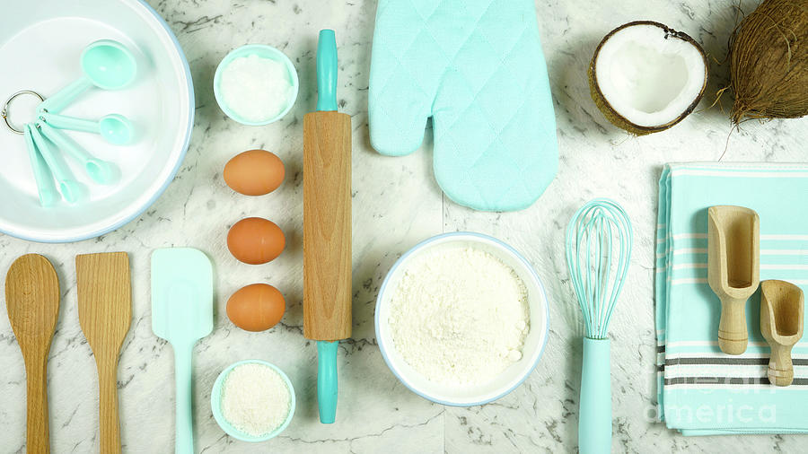 Tool Photograph - Coconut baking theme flat lay creative layout overhead on marble table top. by Milleflore Images