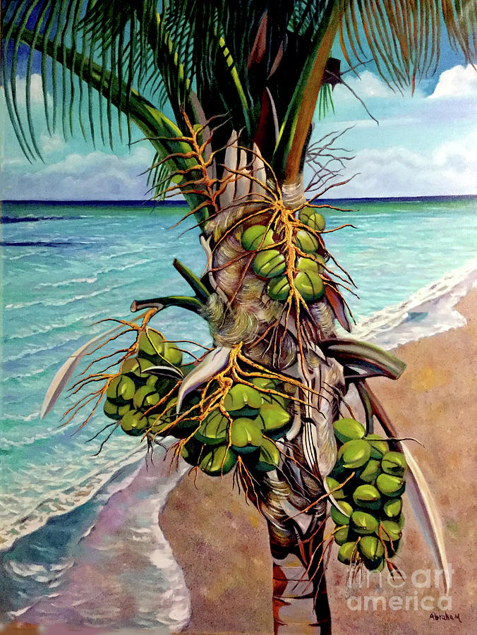 Coconuts on beach Painting by Jose Manuel Abraham
