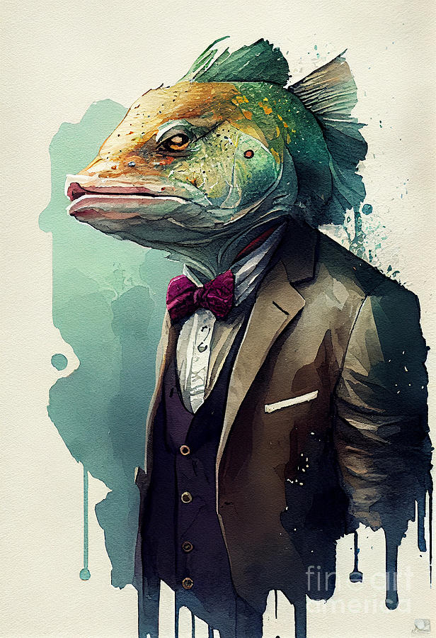 Cod Painting - Cod in Suit Watercolor Hipster Animal Retro Costume by Jeff Creation