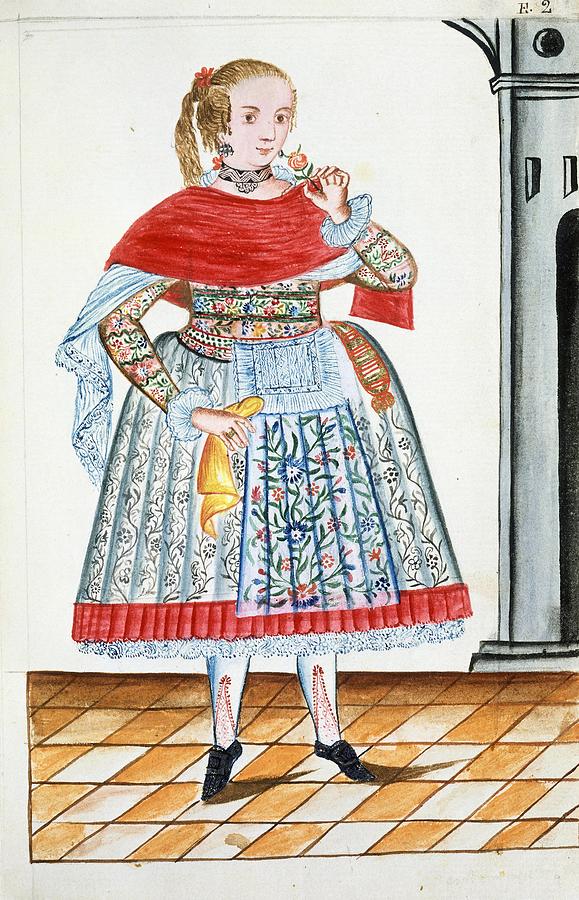 Codex Trujillo Del Peru - Book II, F 2 - Spanish Woman - Watercolor - 18th Century. Painting by Baltasar Jaime Martinez Companon -1737-1797-